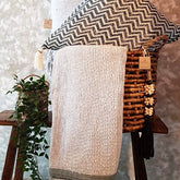 Light Grey Raw Cotton Throw Blanket with White Stitch Detail | Soft & Breathable 145×200cm Cotton Blanket for Home or Travel